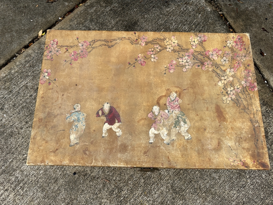 Just Added - Vintage Chinese Hand Painted Pig Skin Wrapped Wooden Trunk Chest Box 28W X 18D X 12.5H	 [Photo 8]