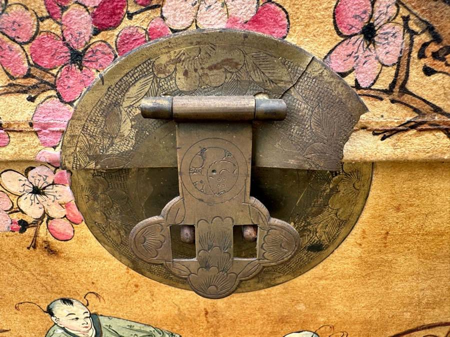 Just Added - Vintage Chinese Hand Painted Pig Skin Wrapped Wooden Trunk Chest Box 28W X 18D X 12.5H	 [Photo 7]