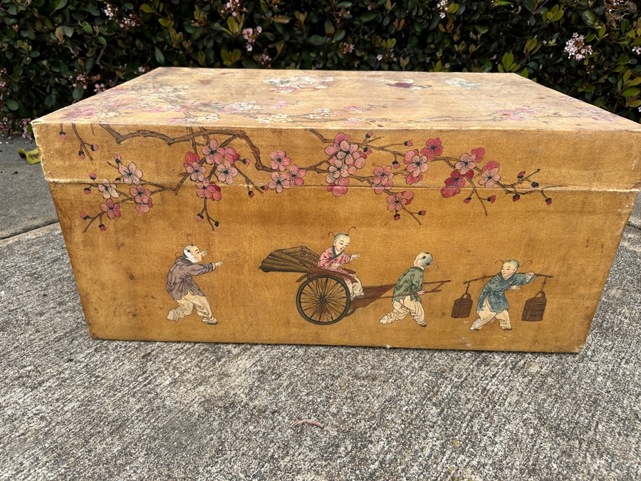 Just Added - Vintage Chinese Hand Painted Pig Skin Wrapped Wooden Trunk Chest Box 28W X 18D X 12.5H	 [Photo 15]