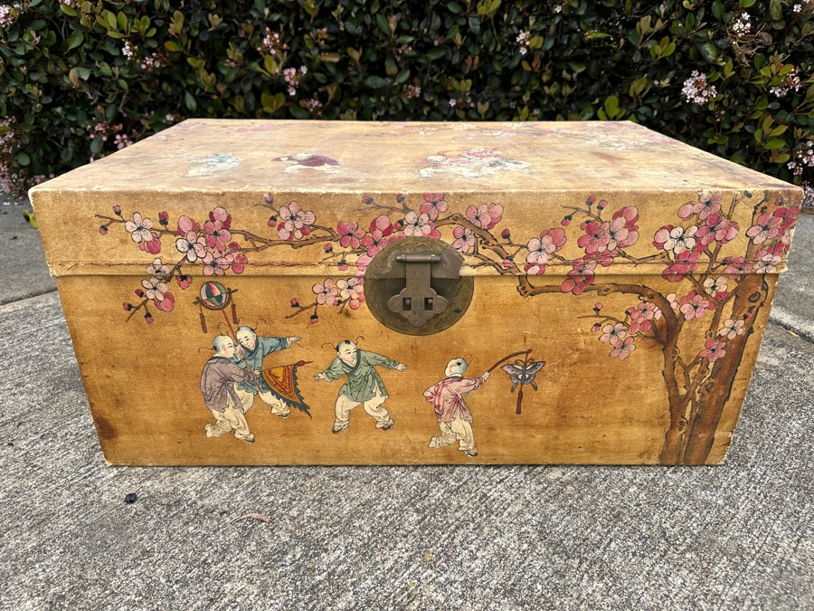 Just Added - Vintage Chinese Hand Painted Pig Skin Wrapped Wooden Trunk Chest Box 28W X 18D X 12.5H	 [Photo 2]