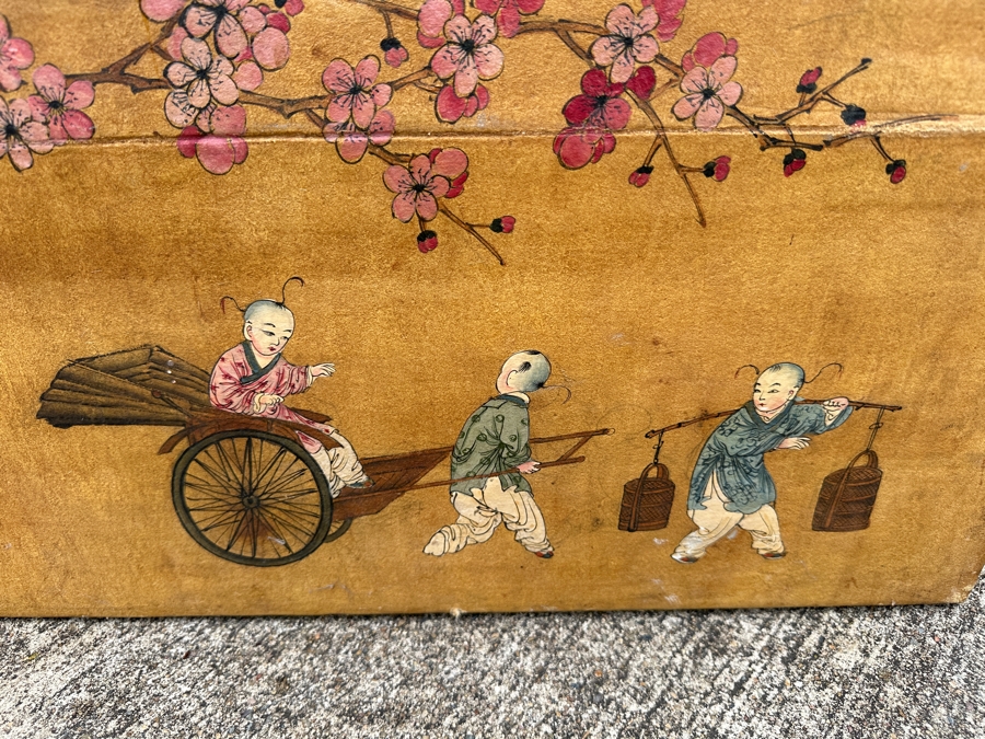 Just Added - Vintage Chinese Hand Painted Pig Skin Wrapped Wooden Trunk Chest Box 28W X 18D X 12.5H	 [Photo 17]