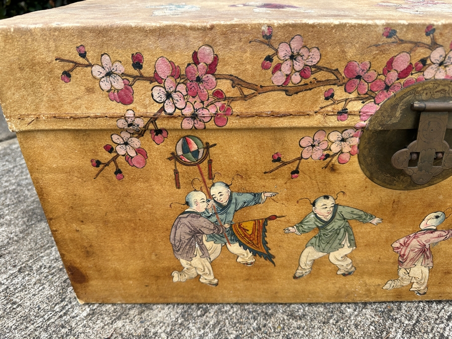 Just Added - Vintage Chinese Hand Painted Pig Skin Wrapped Wooden Trunk Chest Box 28W X 18D X 12.5H	 [Photo 4]