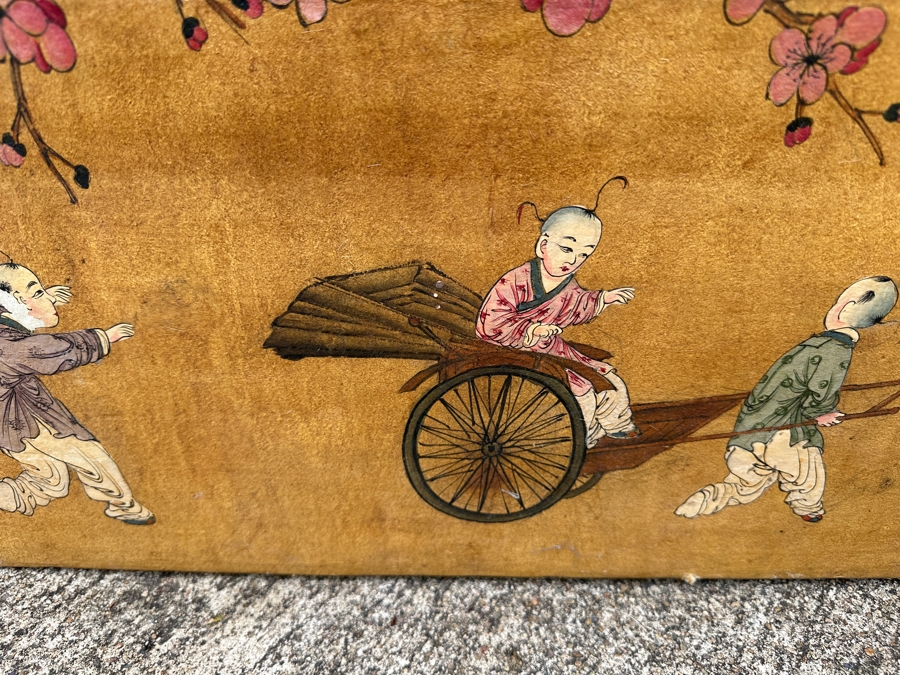 Just Added - Vintage Chinese Hand Painted Pig Skin Wrapped Wooden Trunk Chest Box 28W X 18D X 12.5H	 [Photo 18]