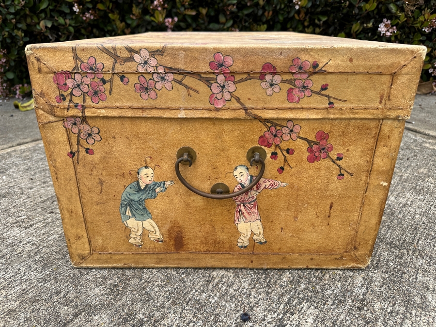 Just Added - Vintage Chinese Hand Painted Pig Skin Wrapped Wooden Trunk Chest Box 28W X 18D X 12.5H	 [Photo 12]