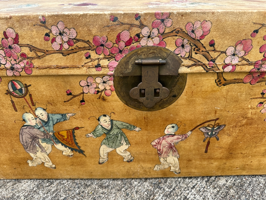 Just Added - Vintage Chinese Hand Painted Pig Skin Wrapped Wooden Trunk Chest Box 28W X 18D X 12.5H	 [Photo 5]