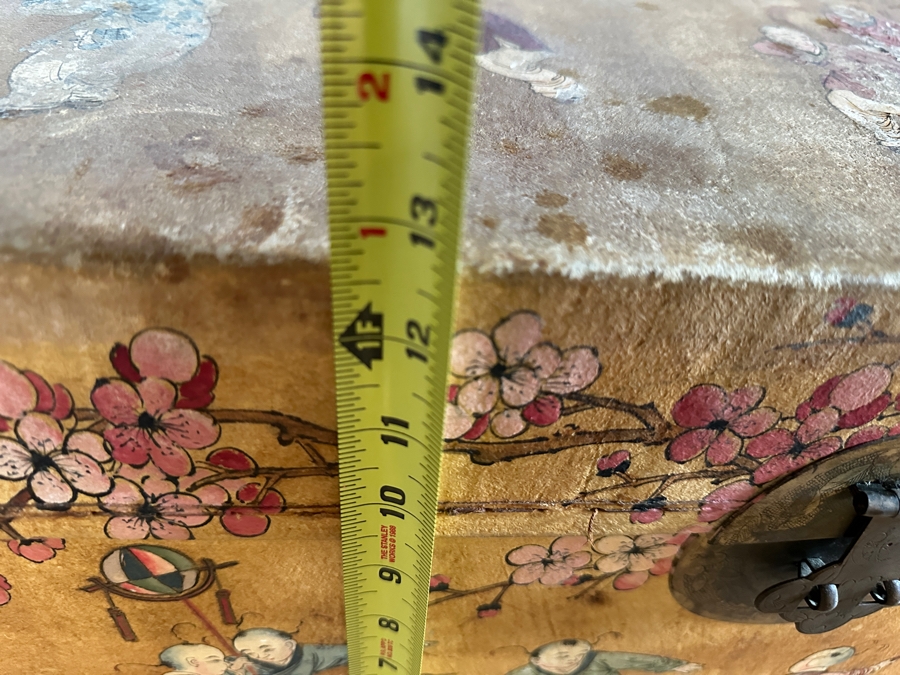 Just Added - Vintage Chinese Hand Painted Pig Skin Wrapped Wooden Trunk Chest Box 28W X 18D X 12.5H	 [Photo 23]