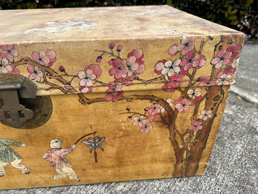 Just Added - Vintage Chinese Hand Painted Pig Skin Wrapped Wooden Trunk Chest Box 28W X 18D X 12.5H	 [Photo 6]