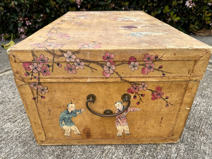 Just Added - Vintage Chinese Hand Painted Pig Skin Wrapped Wooden Trunk Chest Box 28W X 18D X 12.5H	 [Photo 13]