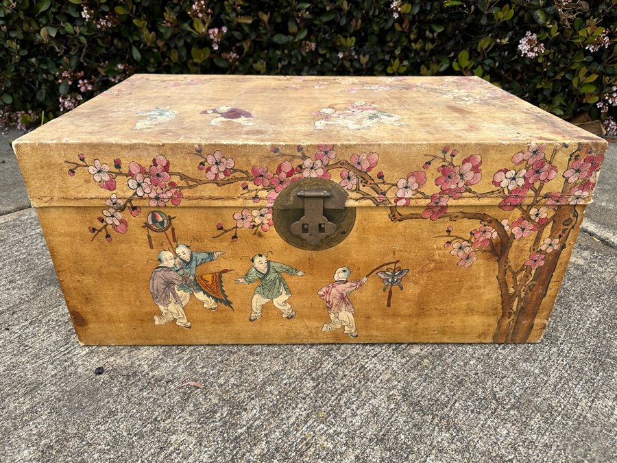 Just Added - Vintage Chinese Hand Painted Pig Skin Wrapped Wooden Trunk Chest Box 28W X 18D X 12.5H	 [Photo 1]