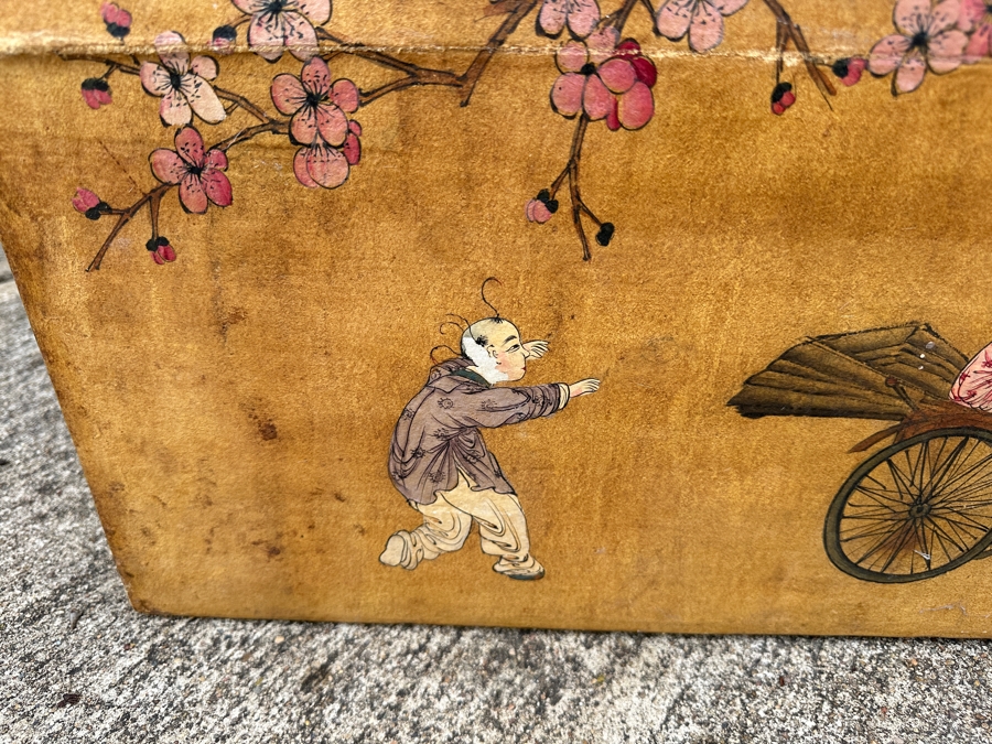 Just Added - Vintage Chinese Hand Painted Pig Skin Wrapped Wooden Trunk Chest Box 28W X 18D X 12.5H	 [Photo 16]