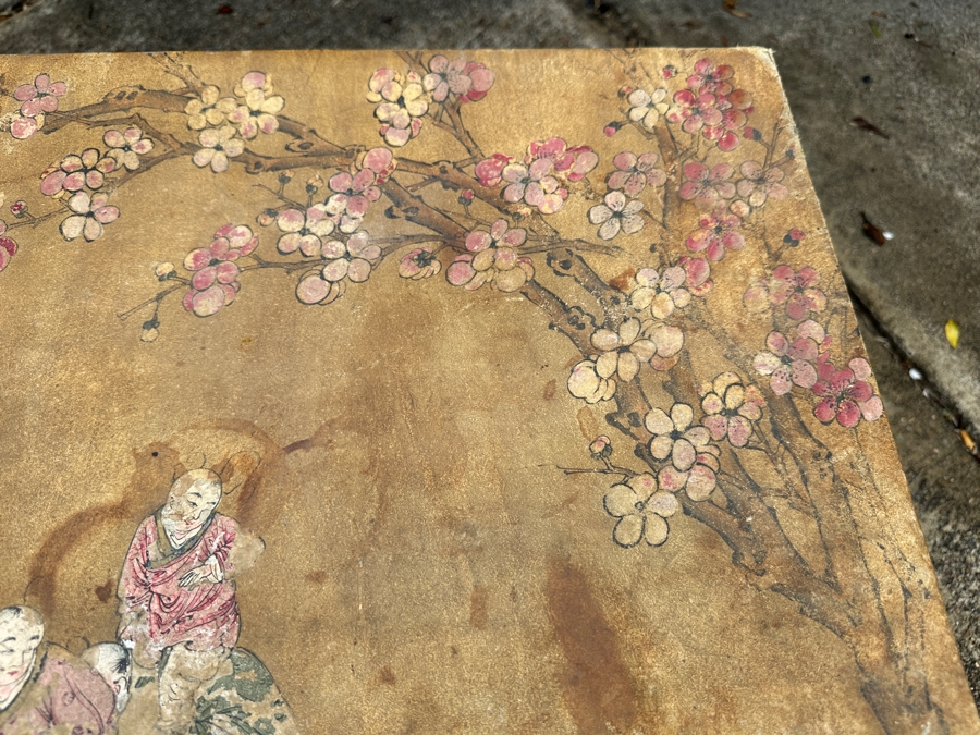 Just Added - Vintage Chinese Hand Painted Pig Skin Wrapped Wooden Trunk Chest Box 28W X 18D X 12.5H	 [Photo 11]