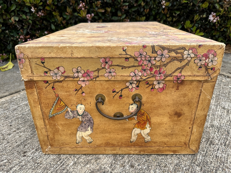 Just Added - Vintage Chinese Hand Painted Pig Skin Wrapped Wooden Trunk Chest Box 28W X 18D X 12.5H	 [Photo 19]
