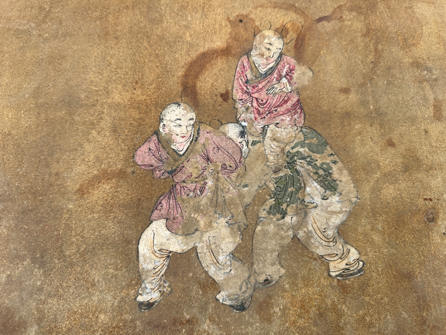 Just Added - Vintage Chinese Hand Painted Pig Skin Wrapped Wooden Trunk Chest Box 28W X 18D X 12.5H	 [Photo 10]