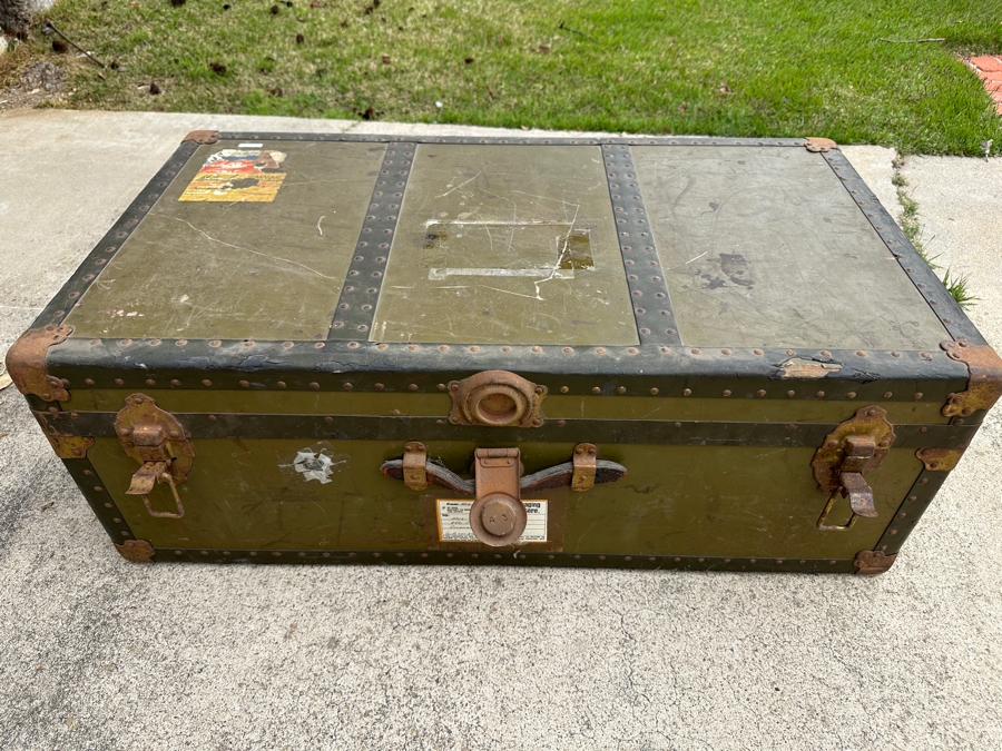 Just Added - Vintage Green Military Foot Locker Trunk 37W X 20D X 12.5H [Photo 1]