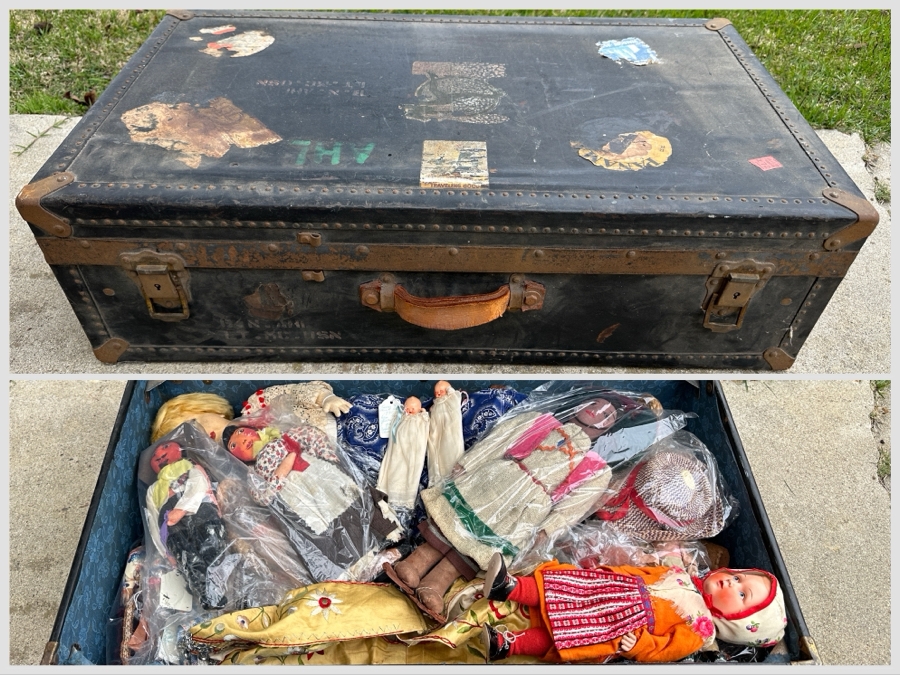 Just Added - Vintage Black Foot Locker Trunk Filled With Vintage Dolls 30W X 17D X 9H [Photo 1]