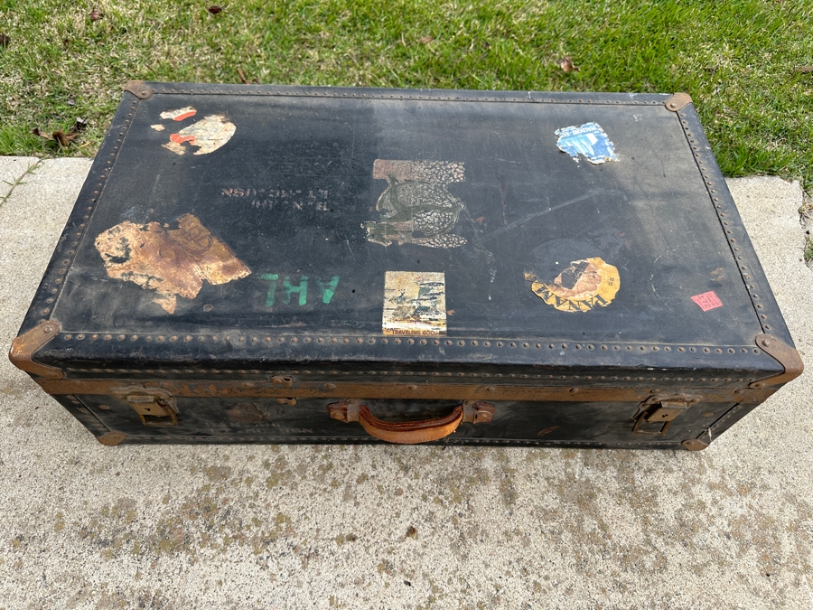 Just Added - Vintage Black Foot Locker Trunk Filled With Vintage Dolls 30W X 17D X 9H [Photo 2]