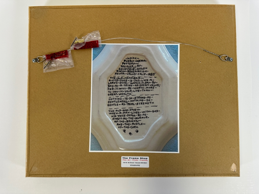 Vintage 1985 Pueblo Indian Pottery By Genevieve Golsh (1901-1992) From The Rincon Reservation Pauma Valley California Shadowbox Framed With Writing On Backside 'The Old Indian Said A Kind Voice Is Joy Like A Lark's Song, Watch It Day By Day...' [Photo 5]