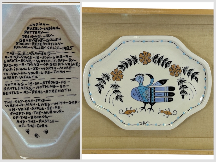 Vintage 1985 Pueblo Indian Pottery By Genevieve Golsh (1901-1992) From The Rincon Reservation Pauma Valley California Shadowbox Framed With Writing On Backside 'The Old Indian Said A Kind Voice Is Joy Like A Lark's Song, Watch It Day By Day...'