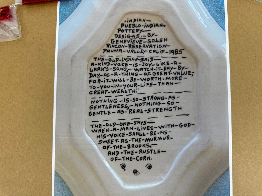 Vintage 1985 Pueblo Indian Pottery By Genevieve Golsh (1901-1992) From The Rincon Reservation Pauma Valley California Shadowbox Framed With Writing On Backside 'The Old Indian Said A Kind Voice Is Joy Like A Lark's Song, Watch It Day By Day...' [Photo 6]