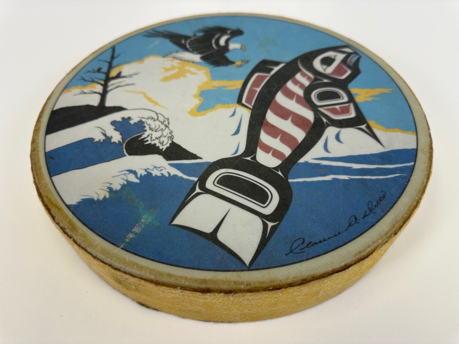 Vintage Clarence A. Wells Haida Native American Hand Drum 11W X 2H [Photo 2]
