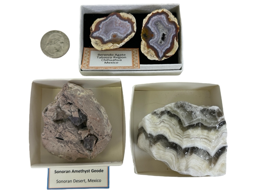Collection Of Rocks/Crystal From Mexico Including A Geode From The Sonoran Desert, Berendo Agates Form The Tabasco Region Chihuahua Mexico And A Zebra Calcite Crystal