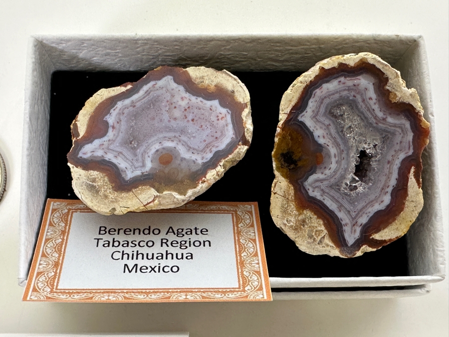 Collection Of Rocks/Crystal From Mexico Including A Geode From The Sonoran Desert, Berendo Agates Form The Tabasco Region Chihuahua Mexico And A Zebra Calcite Crystal [Photo 2]