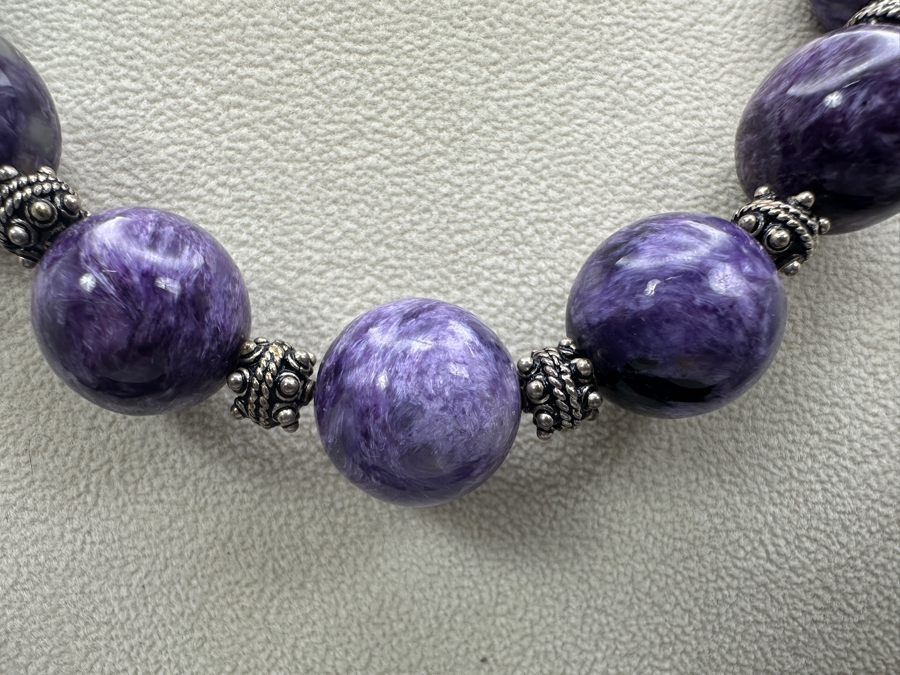 Stunning Chatoyant Charoite 16mm Bead Necklace With Sterling Silver Beads And Clasp 19'L [Photo 2]