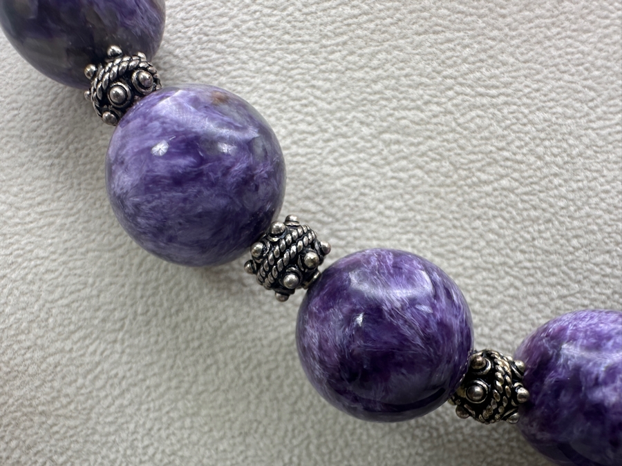 Stunning Chatoyant Charoite 16mm Bead Necklace With Sterling Silver Beads And Clasp 19'L [Photo 3]