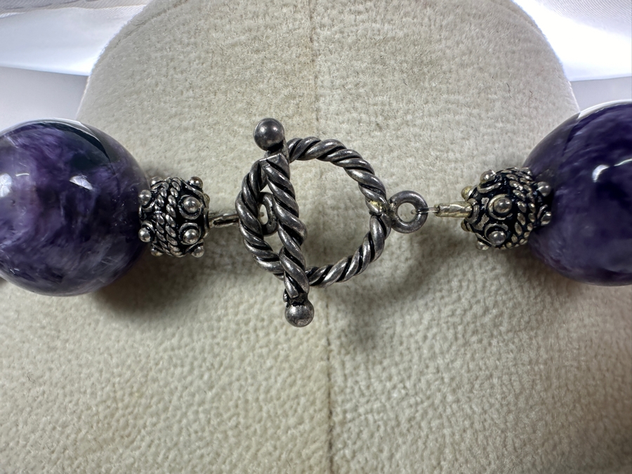Stunning Chatoyant Charoite 16mm Bead Necklace With Sterling Silver Beads And Clasp 19'L [Photo 5]