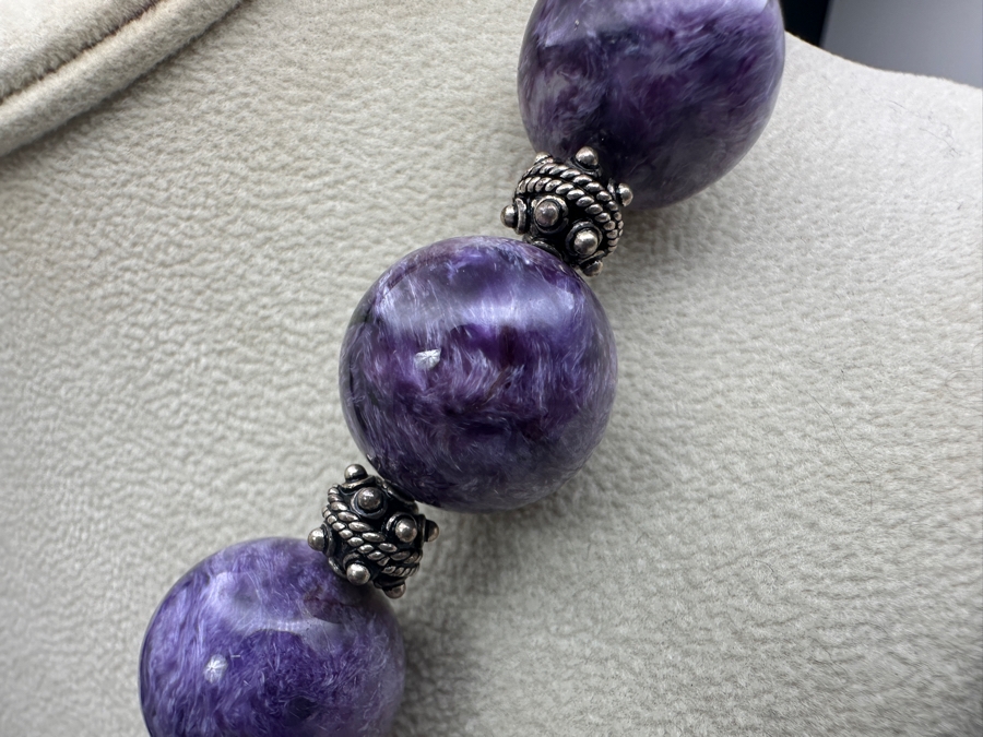 Stunning Chatoyant Charoite 16mm Bead Necklace With Sterling Silver Beads And Clasp 19'L [Photo 4]