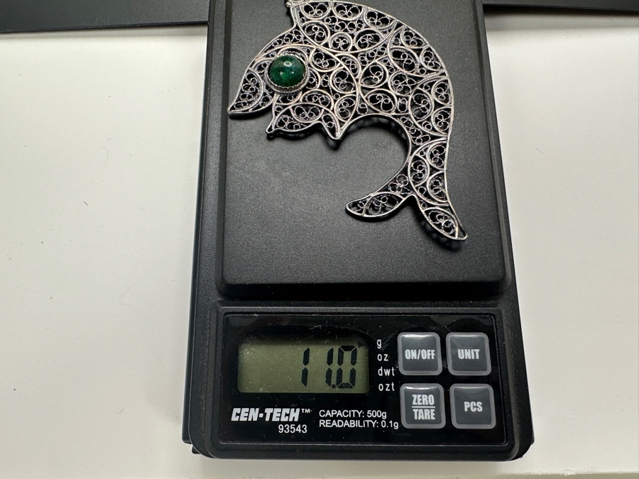 Vintage Sterling Silver Filigree Fish Pendant With Stone 11g [Photo 5]