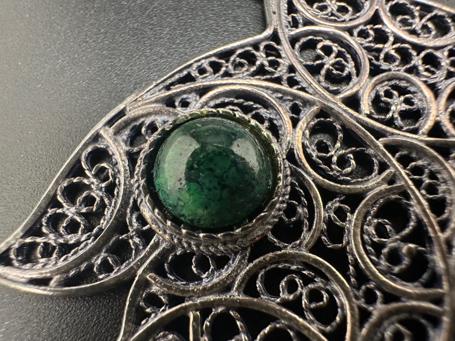 Vintage Sterling Silver Filigree Fish Pendant With Stone 11g [Photo 3]