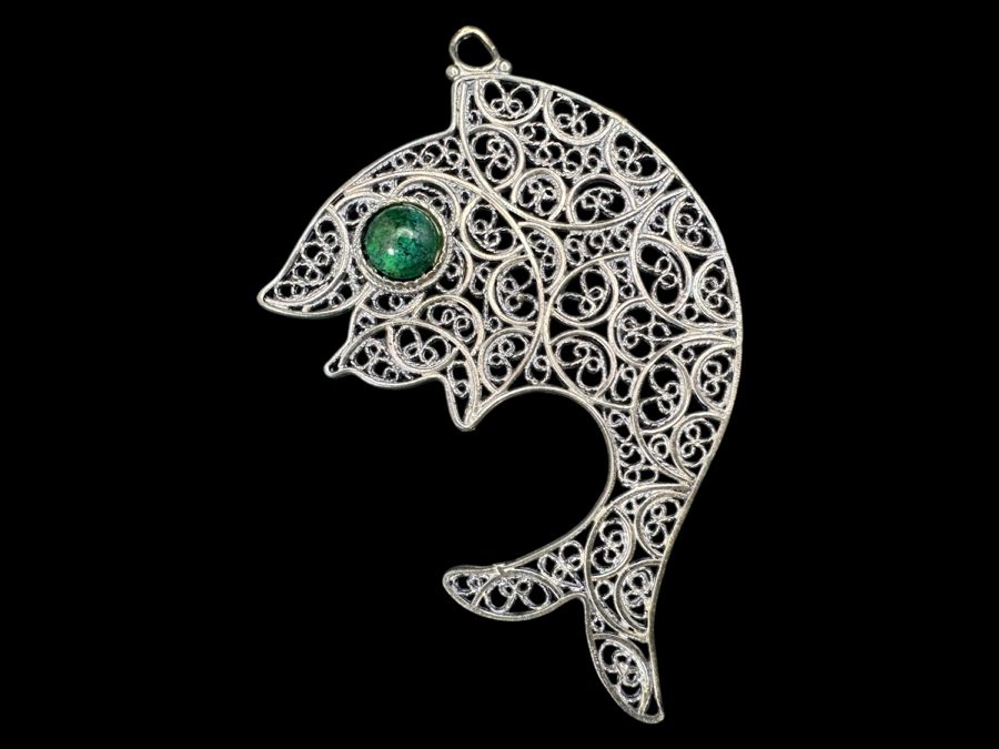 Vintage Sterling Silver Filigree Fish Pendant With Stone 11g [Photo 1]