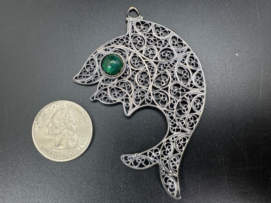 Vintage Sterling Silver Filigree Fish Pendant With Stone 11g [Photo 2]