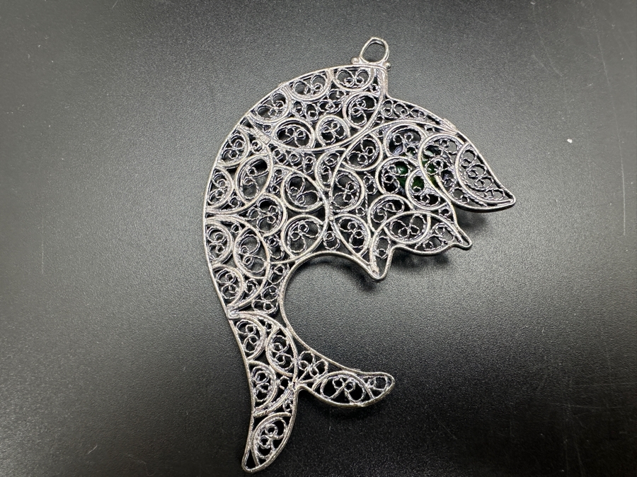 Vintage Sterling Silver Filigree Fish Pendant With Stone 11g [Photo 4]