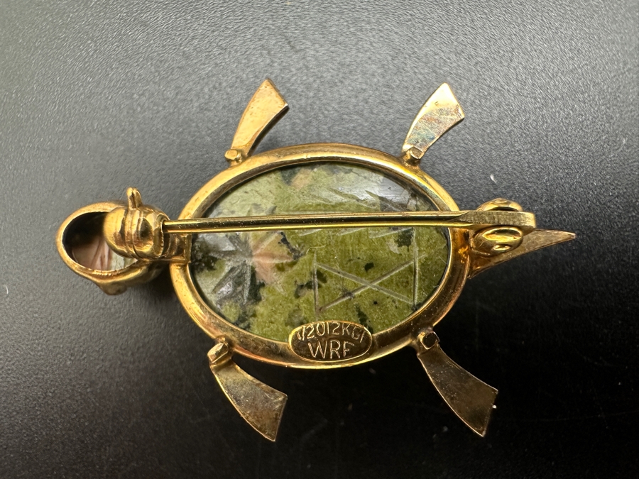 WRE W. E. Richards Turtle Pin Brooch Sterling Silver Gold Filled Carved Stone (Bottom) And Vintage Winard Gold Filled Fish Pin Brooch (Top) [Photo 4]