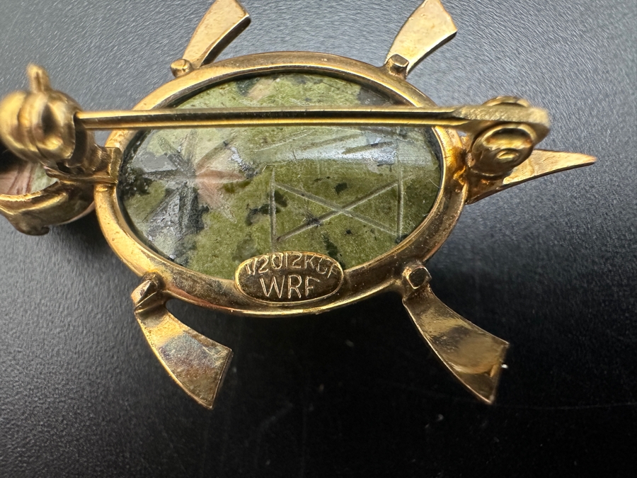 WRE W. E. Richards Turtle Pin Brooch Sterling Silver Gold Filled Carved Stone (Bottom) And Vintage Winard Gold Filled Fish Pin Brooch (Top) [Photo 5]
