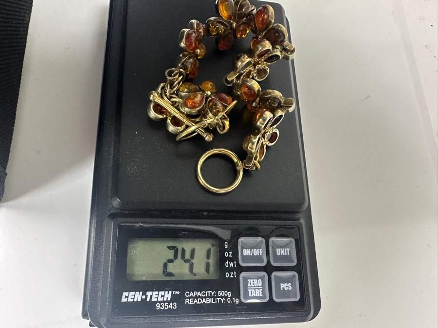 Sterling Silver / Amber 7' Bracelet With Matching Earrings 24.1g [Photo 7]