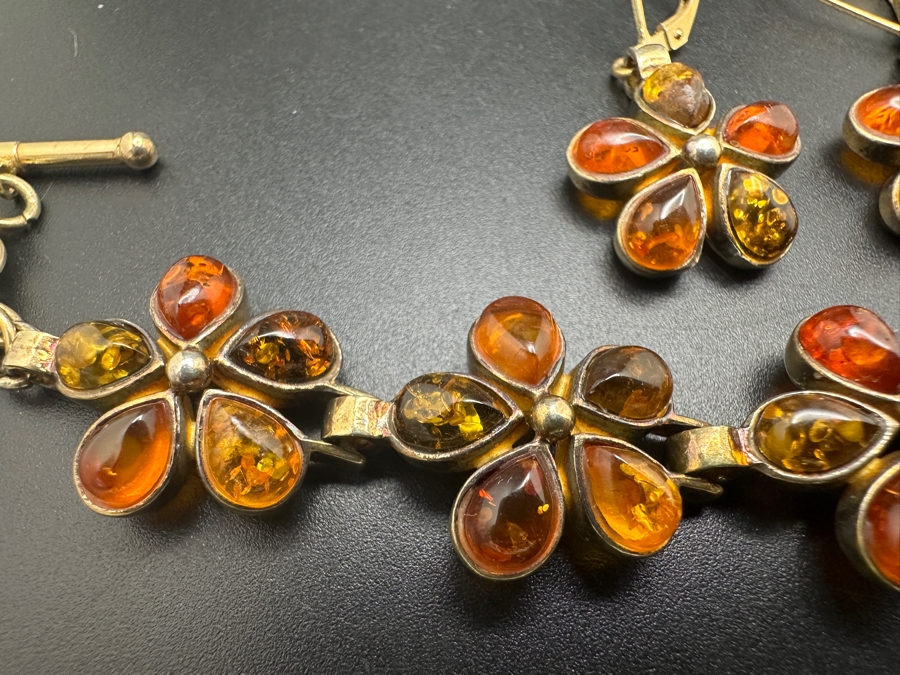 Sterling Silver / Amber 7' Bracelet With Matching Earrings 24.1g [Photo 4]