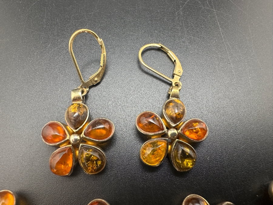 Sterling Silver / Amber 7' Bracelet With Matching Earrings 24.1g [Photo 3]