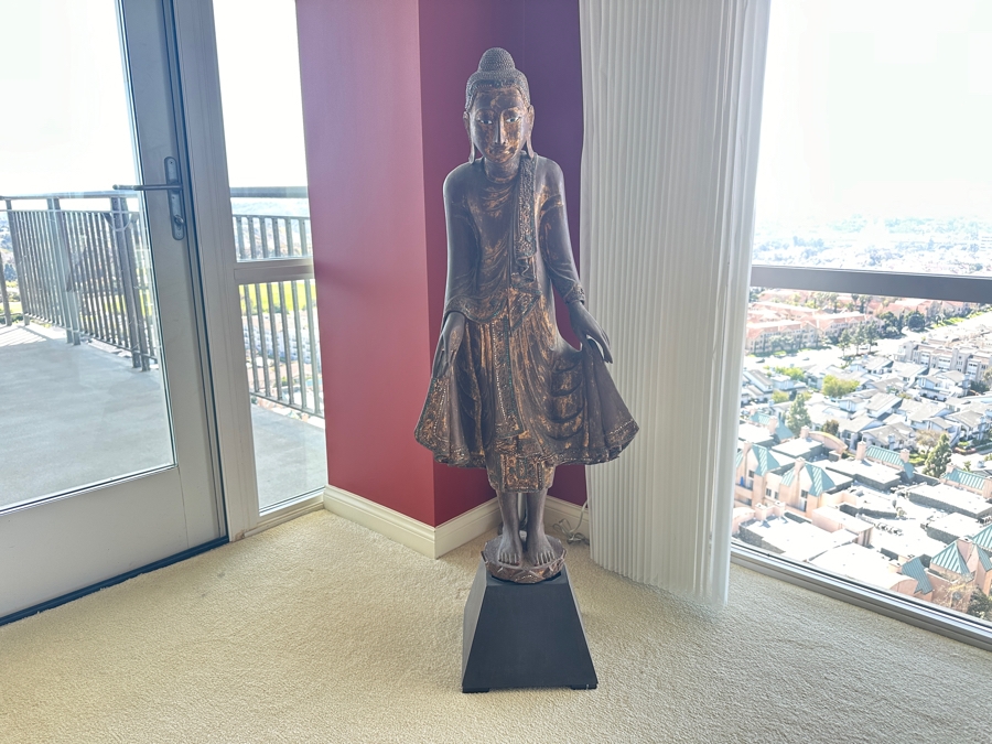 Antique Burmese School Standing Carved Gilded Buddha Sculpture Statue 48H [Photo 15]