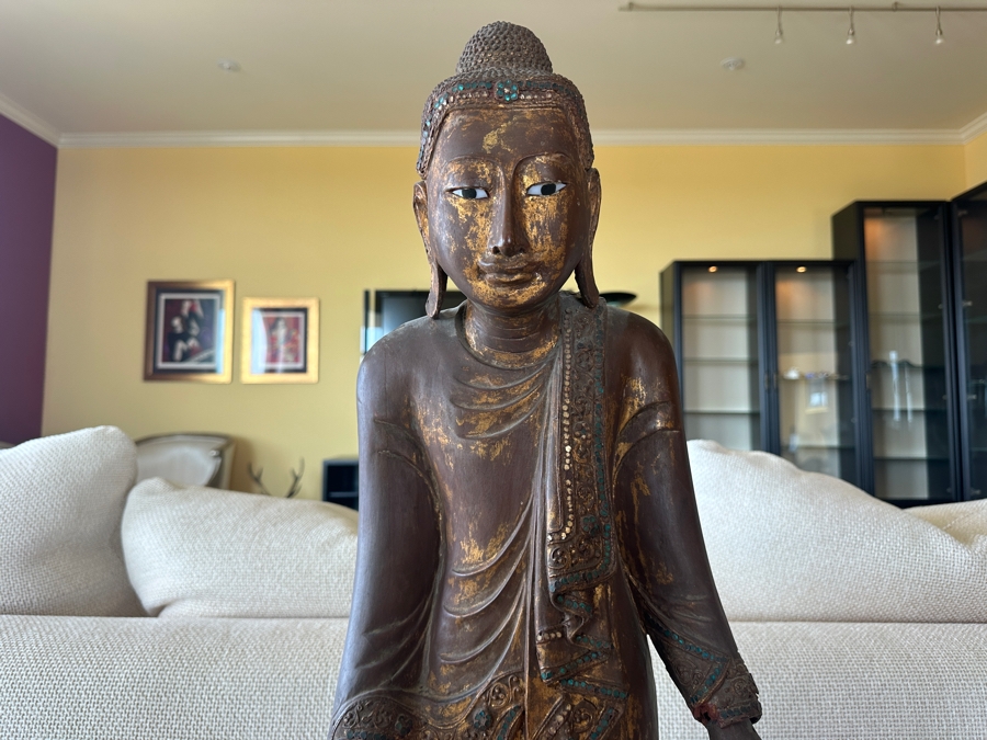 Antique Burmese School Standing Carved Gilded Buddha Sculpture Statue 48H [Photo 4]