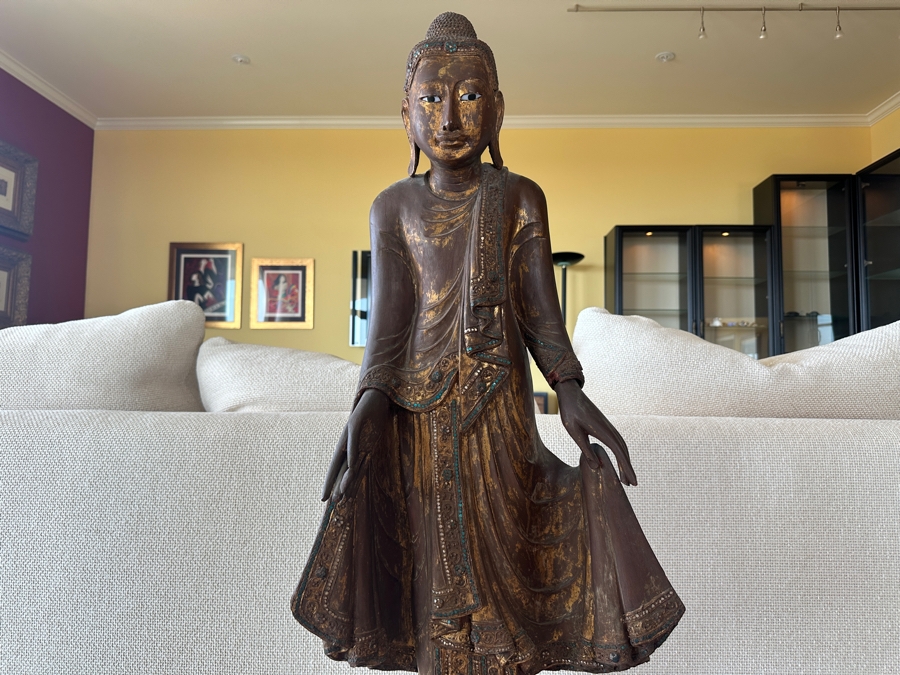 Antique Burmese School Standing Carved Gilded Buddha Sculpture Statue 48H [Photo 5]