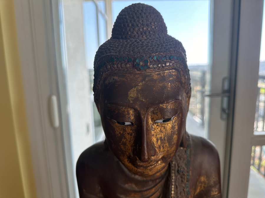 Antique Burmese School Standing Carved Gilded Buddha Sculpture Statue 48H [Photo 9]