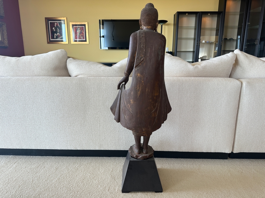 Antique Burmese School Standing Carved Gilded Buddha Sculpture Statue 48H [Photo 6]