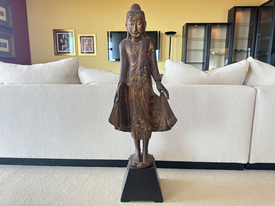 Antique Burmese School Standing Carved Gilded Buddha Sculpture Statue 48H [Photo 2]
