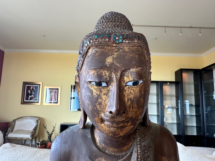 Antique Burmese School Standing Carved Gilded Buddha Sculpture Statue 48H [Photo 3]