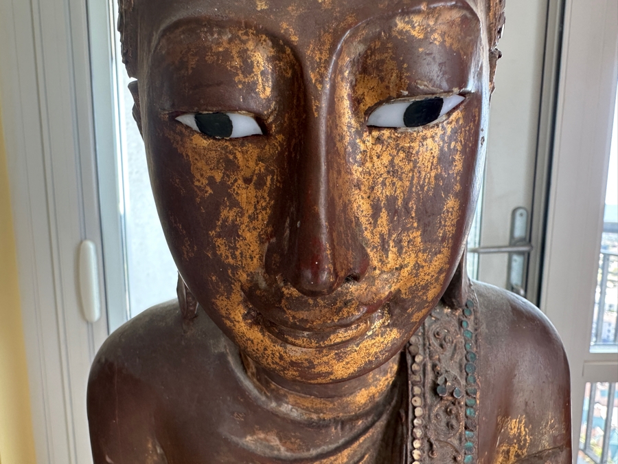 Antique Burmese School Standing Carved Gilded Buddha Sculpture Statue 48H [Photo 12]