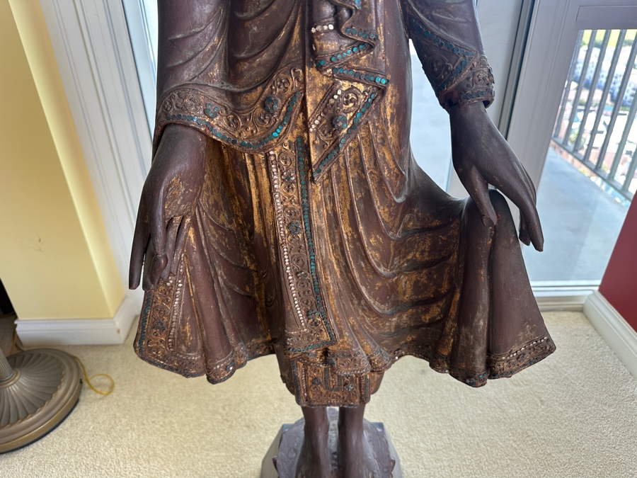 Antique Burmese School Standing Carved Gilded Buddha Sculpture Statue 48H [Photo 14]