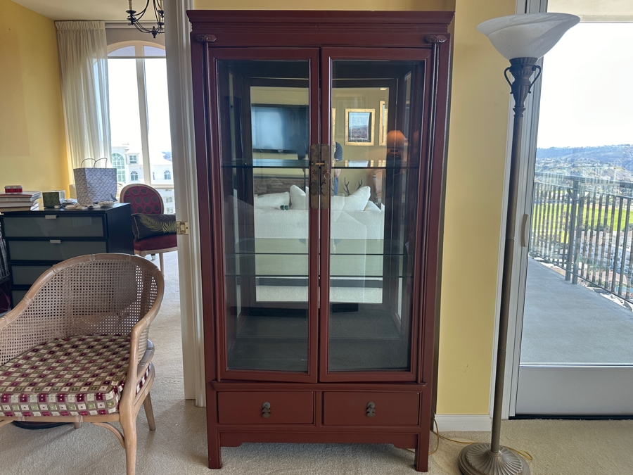 Vintage Chinese Painted Wooden Display Cabinet With Overhead Lighting 36.5W X 19D X 70.5H [Photo 2]